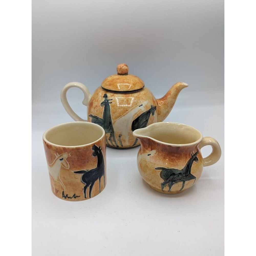 Hand Painted Iden Pottery England Teapot Cup Creamer Primitive Cave Art Horses